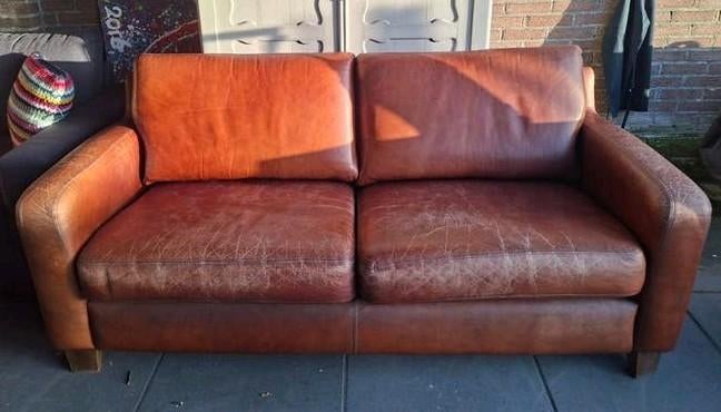 Bruine Leren 2-zits Bank *gratis af te halen*, Ophalen, Klassiek, Modern, Industrieel, Gebruikt, 150 tot 200 cm