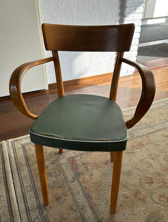 Vintage Mid Century Stoel hout met skai, Gebruikt, Bruin, Eén, Ophalen