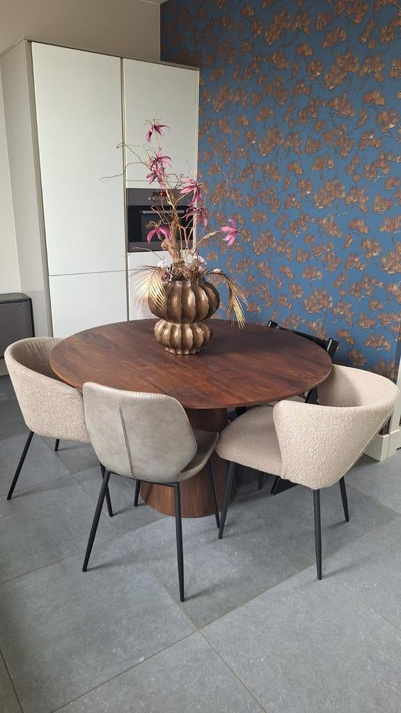 Eleonora eettafel • Mangohout • inclusief 3 eetkamerstoelen, Ophalen, Rond, Zo goed als nieuw, 100 tot 150 cm