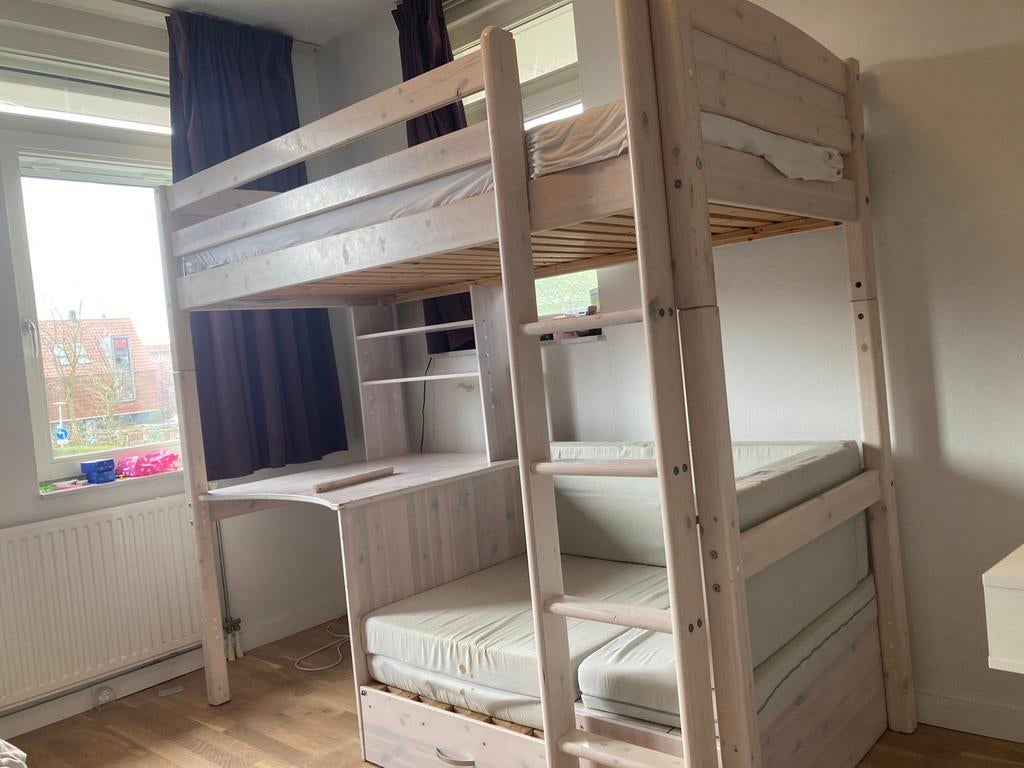 Flexa hoogslaper met bureau, bankje/uitschuifbaar logeerbed, Ophalen, Gebruikt, Eenpersoons, 200 cm