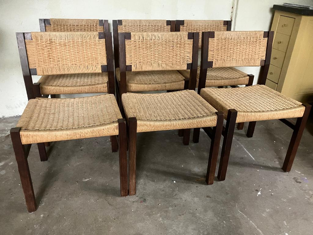 6 Arnold Mercks vintage wenge eettafelstoelen, Huis en Inrichting, Stoelen, Gebruikt, Vijf, Zes of meer stoelen, Hout, Overige materialen