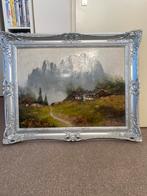 Schilderij met berglandschap en chalet in zilveren lijst, Ophalen of Verzenden