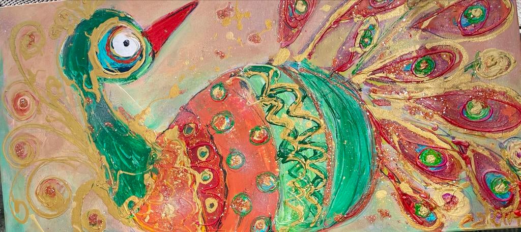 Levendige Carinkunst: Kleurrijke Vogel Oranje Groen Goud, Ophalen of Verzenden