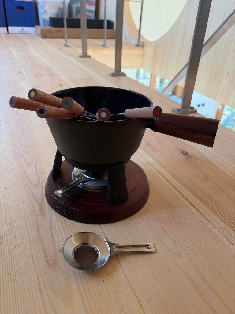 Boska Kaasfondue Brander met Gietijzeren Pan en Prikkers, Ophalen of Verzenden, Zo goed als nieuw