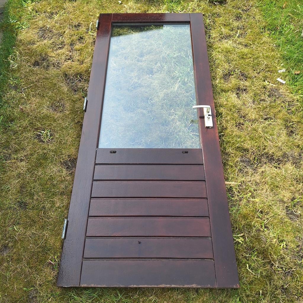 Houten Buitendeur (212 x 88 cm) | Dubbel Glas + Slot & Sleu., Doe-het-zelf en Verbouw, Deuren en Horren, Ophalen, Gebruikt, 80 tot 100 cm