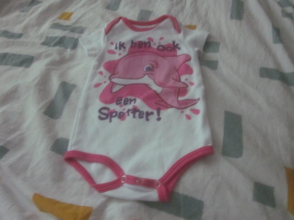 Wit/roze/fuchsia/ rompertje Ik ben ook een spetter! mt 74/80, Kinderen en Baby's, Babykleding | Maat 74, Nacht- of Onderkleding