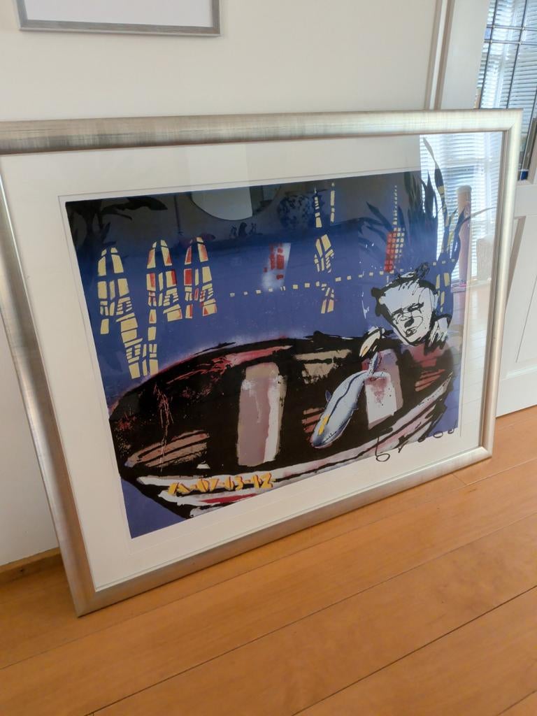 Herman Brood zeefdruk - Bootje, haven bij nacht, Antiek en Kunst, Ophalen