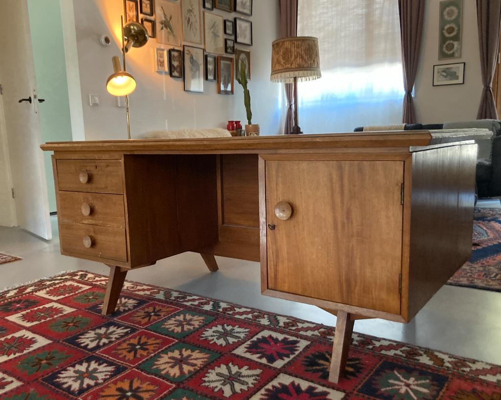 Vintage bureau, massief teakhouten Scandinavisch design, Huis en Inrichting, Bureaus, Ophalen, 160 cm, Scandinavisch, Hout
