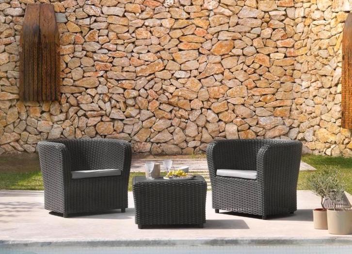 Tuin- / balkonset met kussens – stoelen, hockers en tafeltje, Tuin en Terras, Tuinsets en Loungesets, Zo goed als nieuw, 2 zitplaatsen