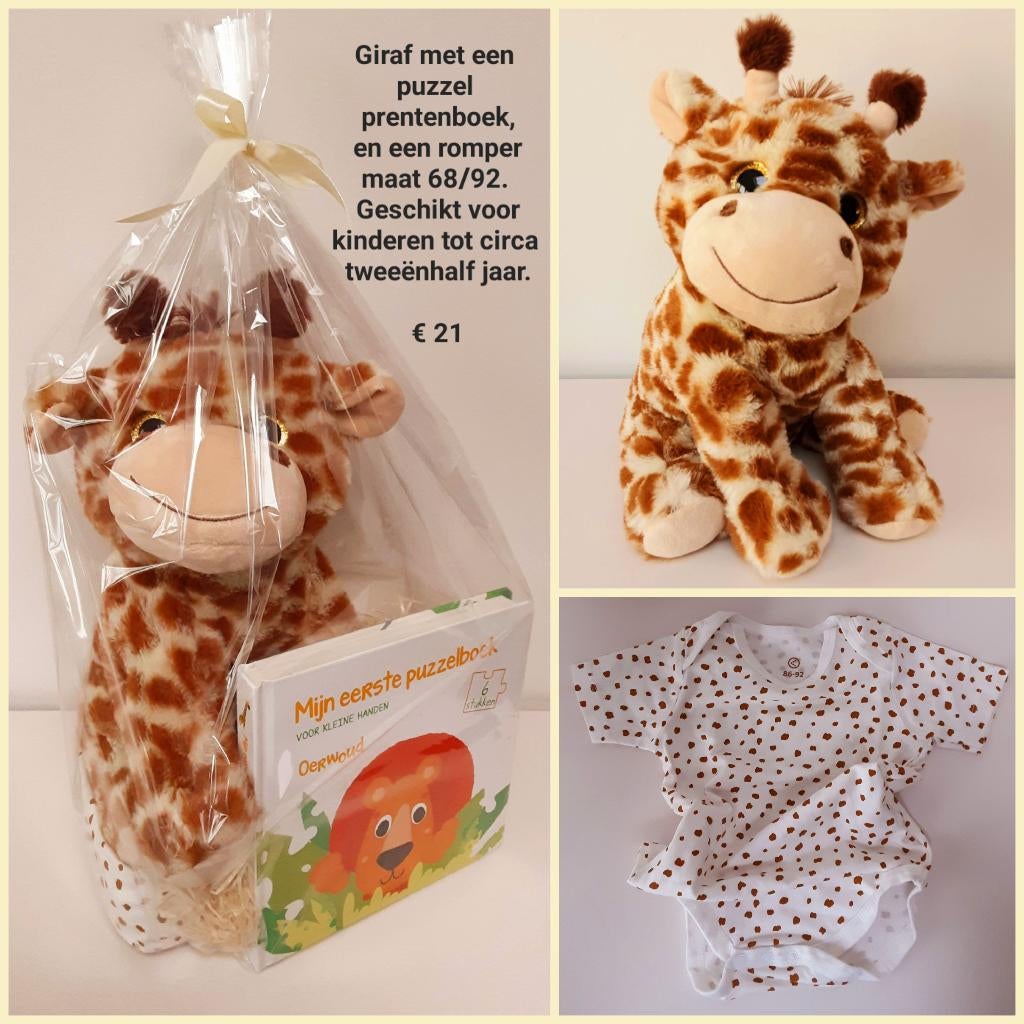 Cadeaupakket met knuffel giraffe, (puzzel) boek en romper, Kinderen en Baby's, Kraamcadeaus en Geboorteborden, Ophalen of Verzenden