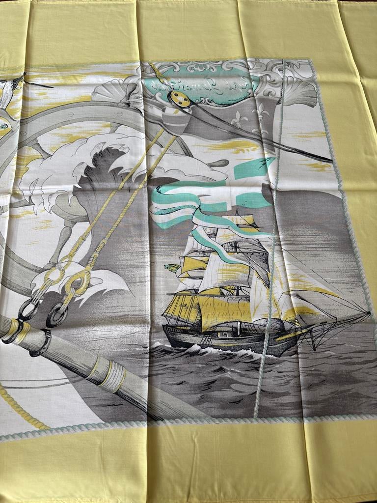 Vintage Lange sjaal polyester met schepen print, Ophalen of Verzenden, Gedragen, Maat 46/48 (XL) of groter, Sjaal