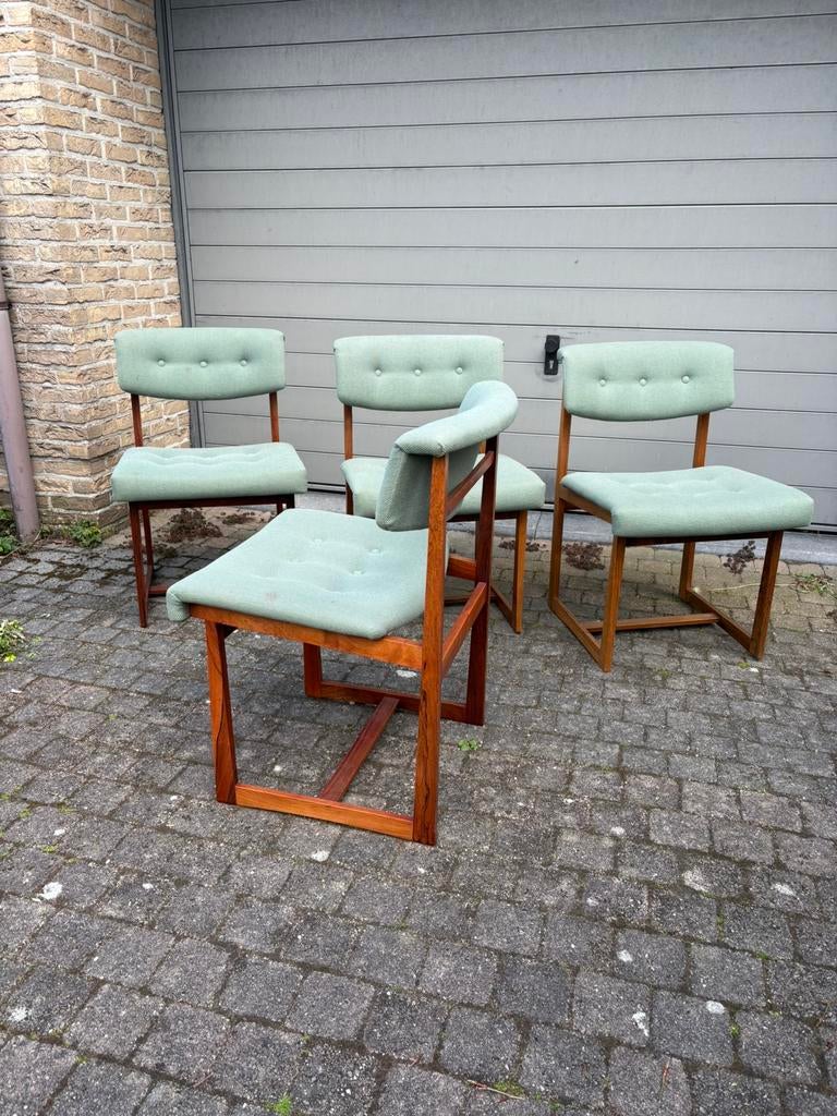 Henning Sørensen 4 Chairs Denmark Mid Century Modern, Ophalen of Verzenden, Gebruikt, Bruin, Hout
