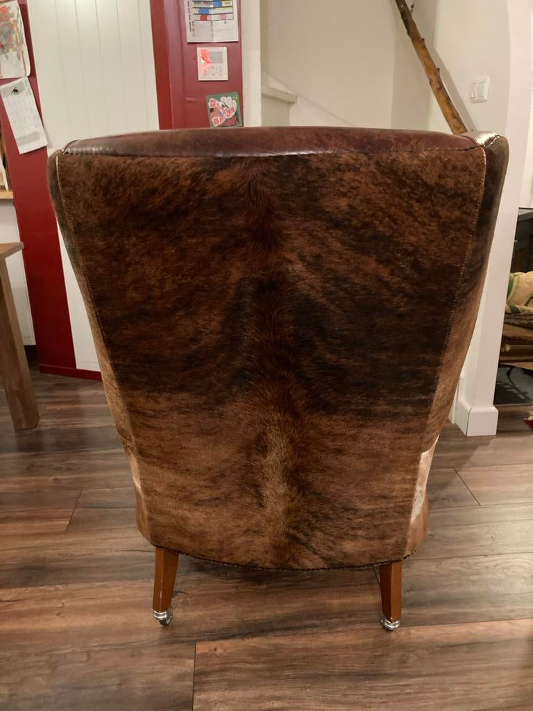 Vintage Leren fauteuil met koeienhuid, Ophalen, Gebruikt, Chesterfield, 75 tot 100 cm