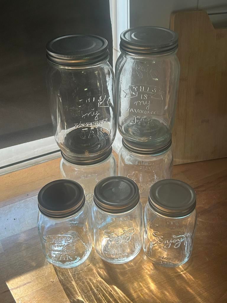 HEMA glazen voorraadpotten – set van 7 (4 groot + 3 klein), Ophalen, Gebruikt, Schaal, Rond