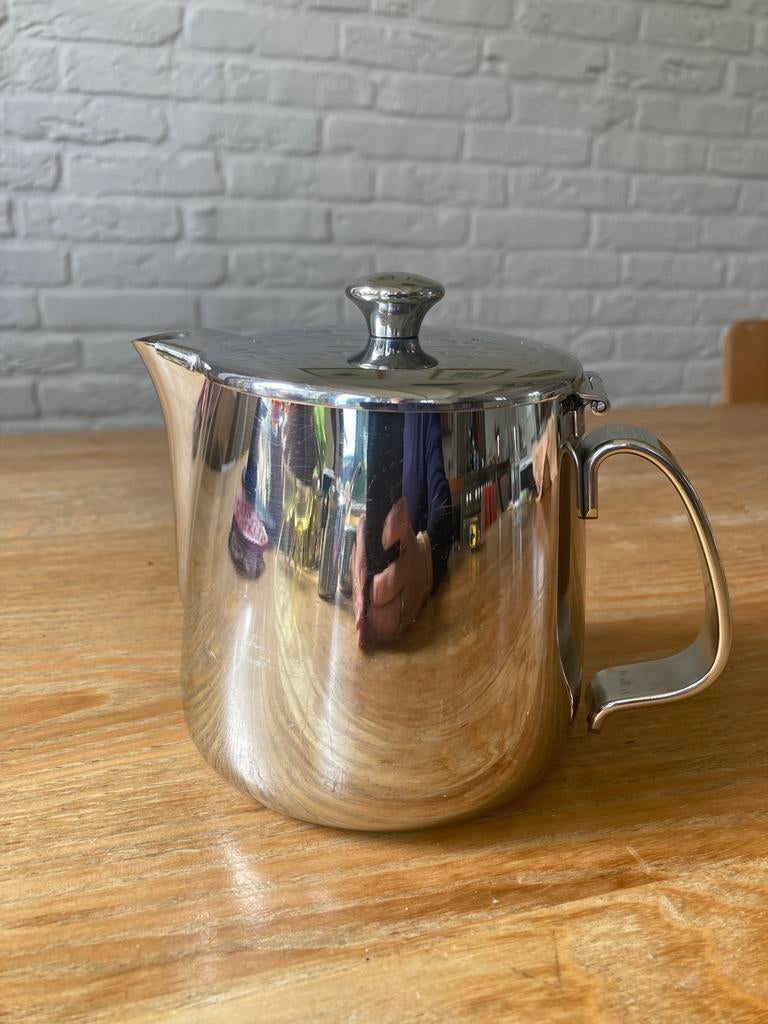 Alessi 18/10 RVS Theepot/Melkkan - Italië - cl.60, 1970, Theepot/fluitketel, Gebruikt, Zilver, Ophalen of Verzenden