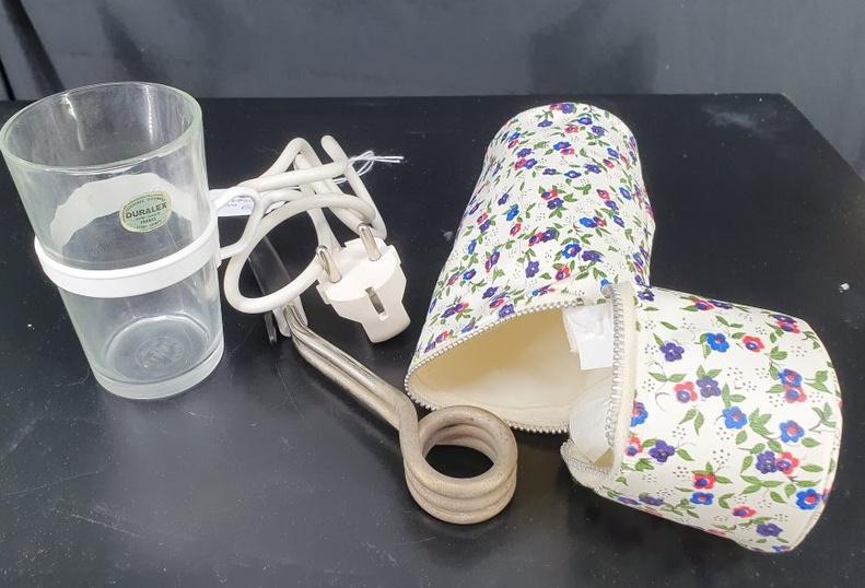1169 vintage reis dompelaar set duralex glas bloemen etui, Minder dan 1 liter, Ophalen of Verzenden, Gebruikt