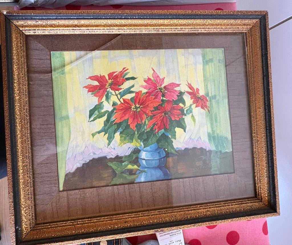Anne gasteiger schilderij druk vaas kerstster rode bloem, Antiek en Kunst, Ophalen of Verzenden