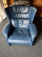 Blauw leren fauteuil, Ophalen, 75 tot 100 cm, 50 tot 75 cm
