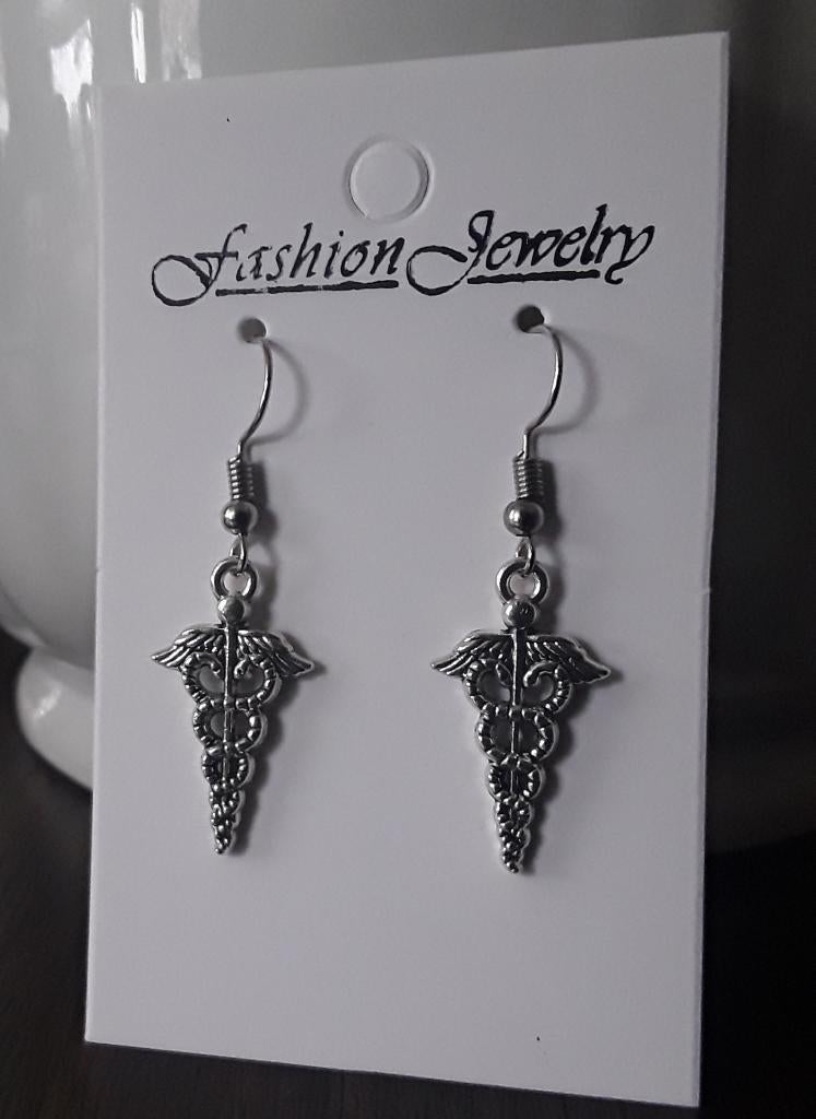 Oorbellen caduceus, kerykeion, staf van hermes, staf van bra, Ophalen of Verzenden, Nieuw, Overige materialen, Hangers