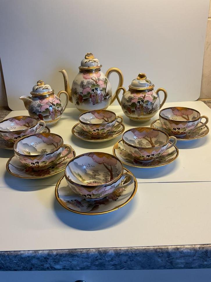 Japans Eggshel Porselein Theeservies 7 Persoons Satsuma, Antiek en Kunst, Antiek | Servies compleet, Ophalen