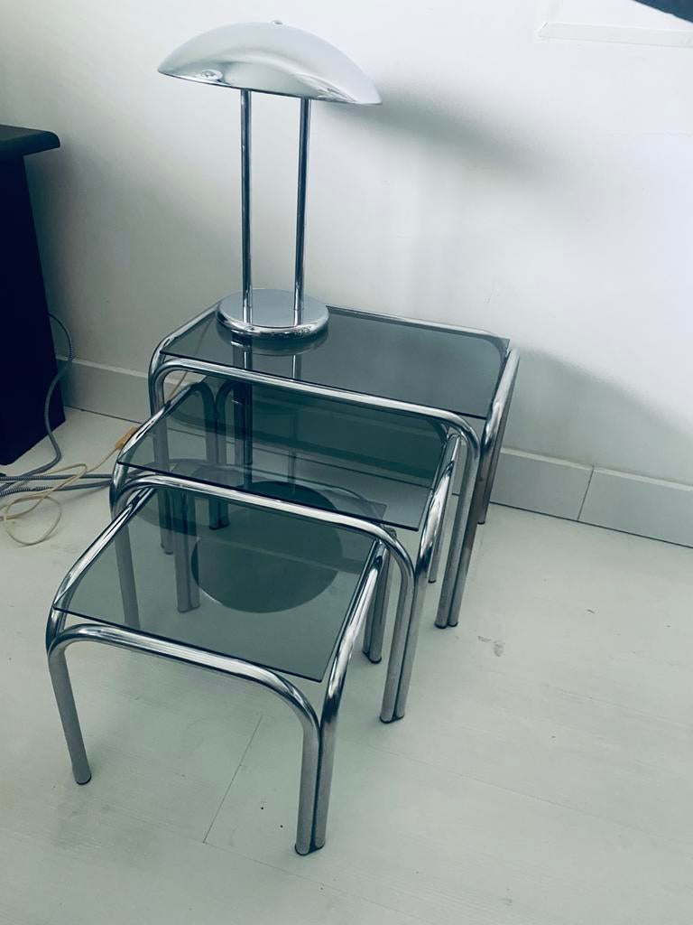 3x-delige set 70s  Vintage bijzettafeltjes ‘nesting tables’, Gebruikt, Metaal of Aluminium, 55 tot 75 cm, Rechthoekig