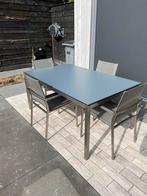 Gloster Buiten Eettafel RVS met HPL blad en 4 Batyline stoel, Ophalen, Gebruikt, Rechthoekig, Rvs