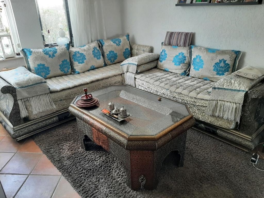 Traditionele Marokkaanse hoekbank met salontafel, Ophalen, Zo goed als nieuw, Stof, Marokkaans