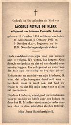 Klerk de Jacobus Petrus Lisse 1913-1953 Amsterdam, Verzamelen, Ophalen of Verzenden