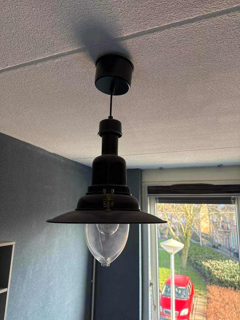Stoere zwarte hanglamp voor tienerkamer of industrieel inter, Ophalen, Gebruikt, Metaal, 50 tot 75 cm