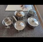 Pannenset: 4 Sola, 1 BK braadpan, 1 kookpan, Huis en Inrichting, Ophalen of Verzenden, Gebruikt, Rvs, Pannenset