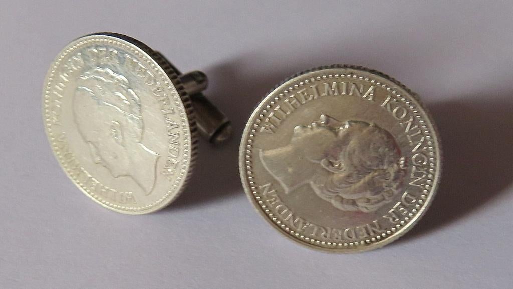 Koopje! Zilveren manchetknopen halve guldens Wilhelmina,incl, Verzenden, Zo goed als nieuw, Zilver