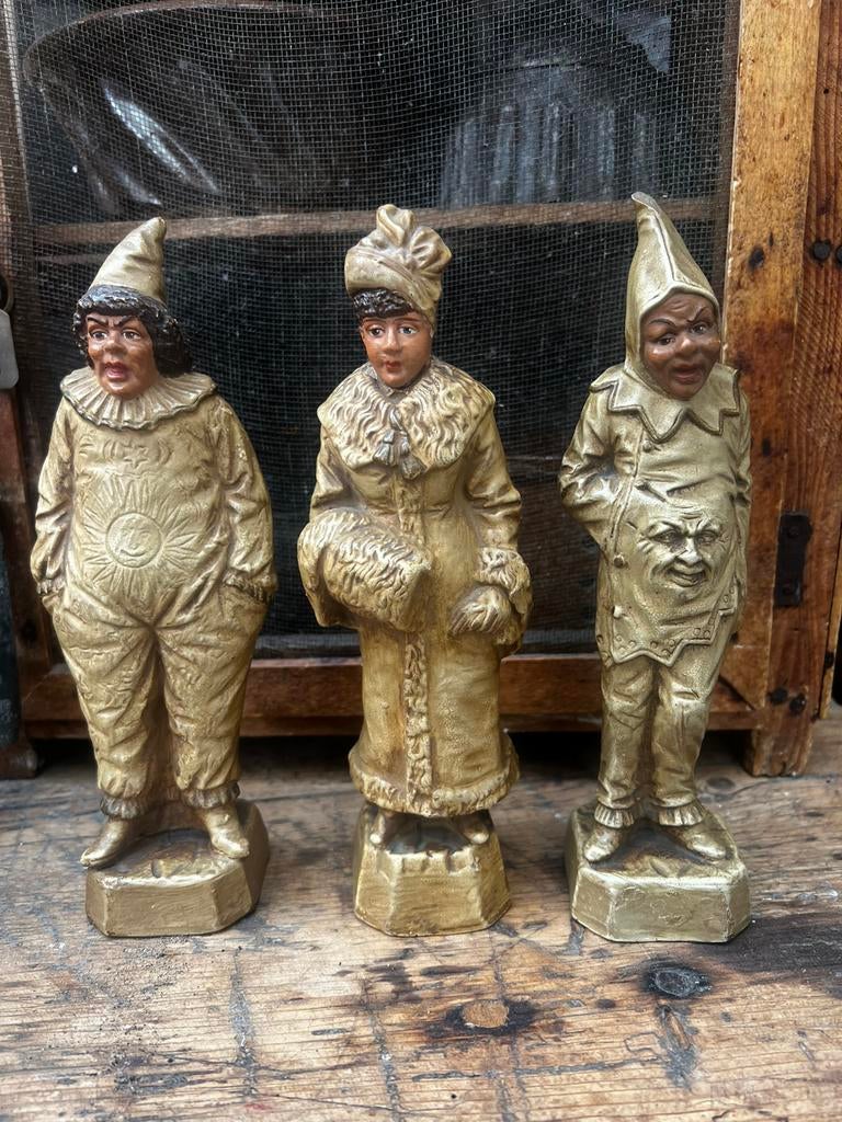 Antieke beeldjes dame, clown pierot zon terracotta nar, Antiek en Kunst, Ophalen of Verzenden
