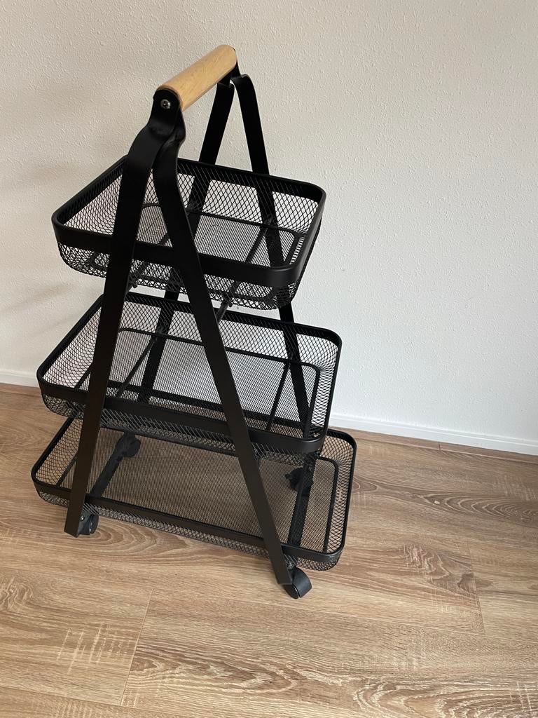 Zwart 3-laags opbergrek met wielen, Ophalen, Gebruikt