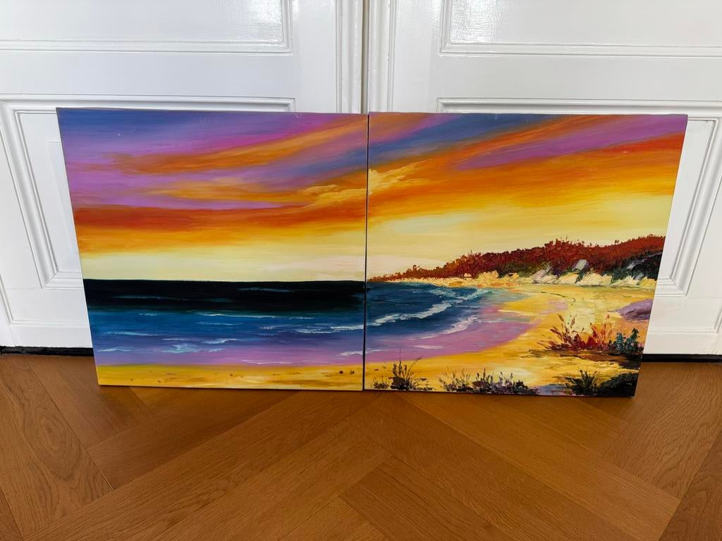 Vrolijk Tweeluik Schilderij - Strand en Zee, Ophalen