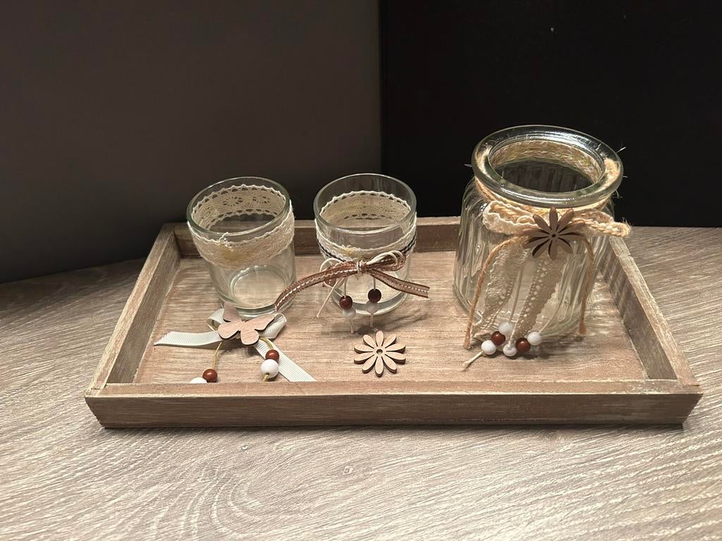 Plateau met decoratie glaasjes voor waxine lichtjes, Ophalen of Verzenden, Zo goed als nieuw, Rond, Hout