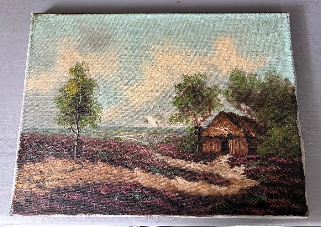antiek schilderij huisje op de hei, Ophalen of Verzenden