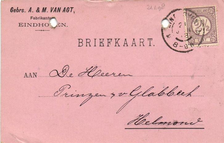 Gebrs. A. + M. van Agt. Fabrikanten, Eindhoven - 01.1898 - b, Postzegels en Munten, Brieven en Enveloppen | Nederland, Briefkaart