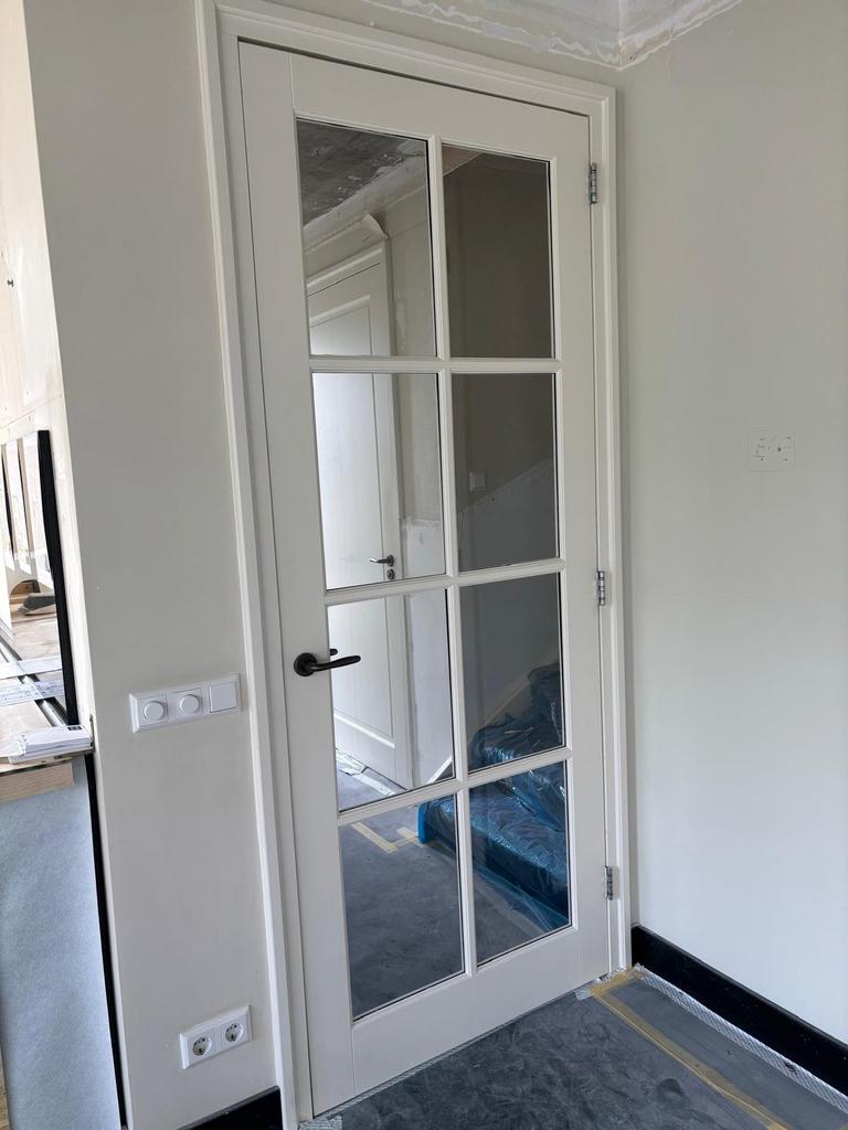 Klassieke stompe binnendeur met glas, Ophalen, Gebruikt, 80 tot 100 cm, 215 cm of meer