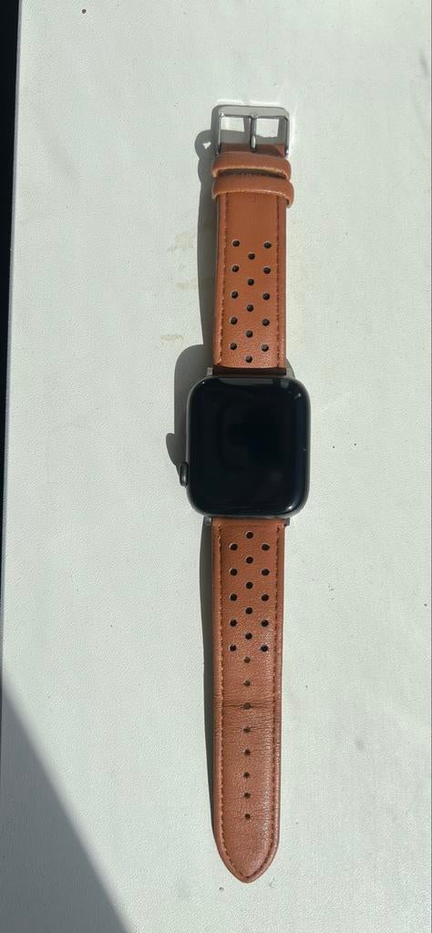 Apple Watch SE 44mm (2022) - Perfecte staat + leren bandje, Afstand, Zwart, IOS, Ophalen of Verzenden