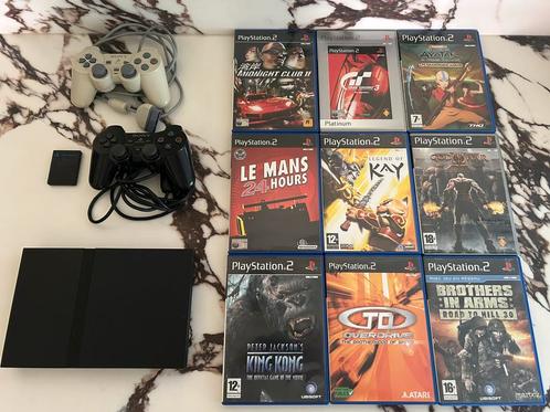 PlayStation 2 Slim + 2 Controllers + 9 Games, Spelcomputers en Games, Spelcomputers | Sony PlayStation 2, Zo goed als nieuw, Slim