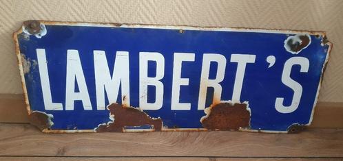 Blauw emaille bord met tekst Lambert's, Verzamelen, Merken en Reclamevoorwerpen, Gebruikt, Reclamebord, Ophalen of Verzenden
