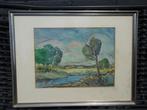 Schilderij Aquarel, krijt Landschap Rivier Boom in de lijst, Ophalen