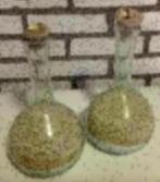 2 glazen flessen, vazen met schelp als dop, decoratie glas, Huis en Inrichting, Overige kleuren, Ophalen of Verzenden, Minder dan 50 cm