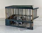 Vintage Frans groen houten vogelkooi met ruif en voerpotje, Antiek en Kunst, Curiosa en Brocante, Ophalen of Verzenden