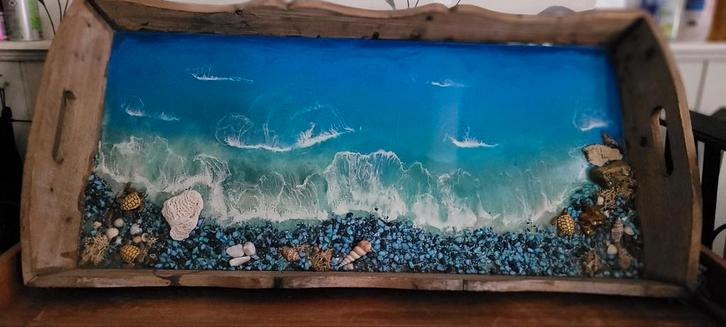 Dienblad, butler tray handbeschilderd. Epoxy afgewerkt 80×40, Antiek en Kunst, Kunst | Designobjecten, Ophalen of Verzenden