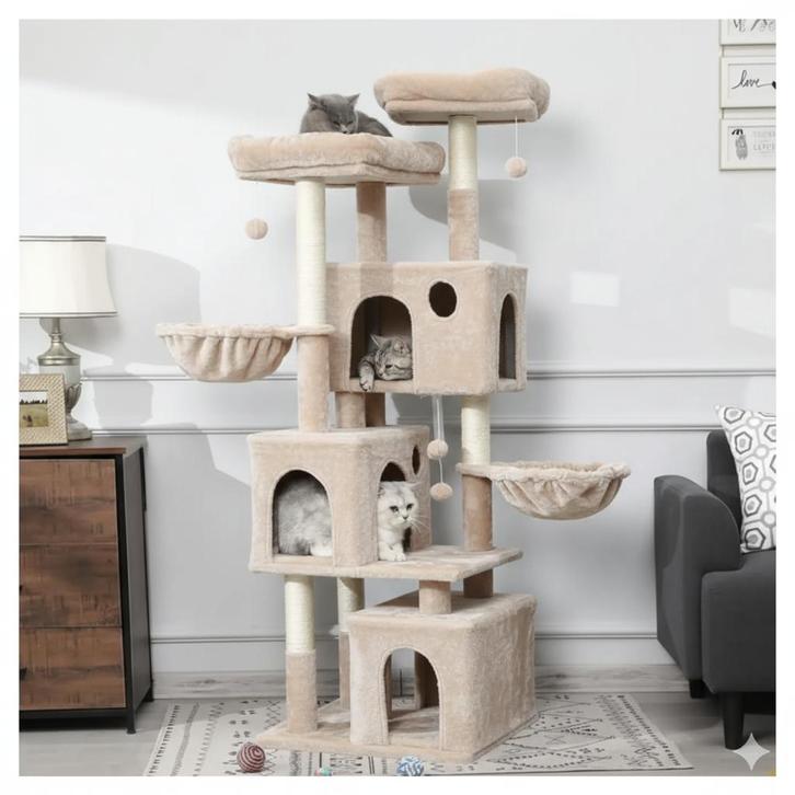Luxe Krabpaal XXL - Beige - 3 Slaaphuisjes, Dieren en Toebehoren, Krabmeubelen, Nieuw, Krabpaal, Ophalen of Verzenden