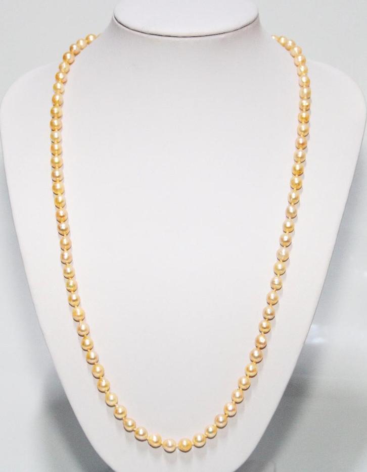 Schitterend Frans 18-KT Goud Golden Akoya Parelketting 66 CM, Sieraden, Tassen en Uiterlijk, Antieke sieraden, Ketting, Goud, Met edelsteen
