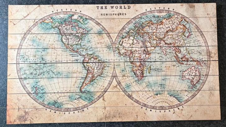 Mooie houten wereldkaart - 140x80 cm, Huis en Inrichting, Woonaccessoires | Schilderijen, Tekeningen en Foto's, Zo goed als nieuw