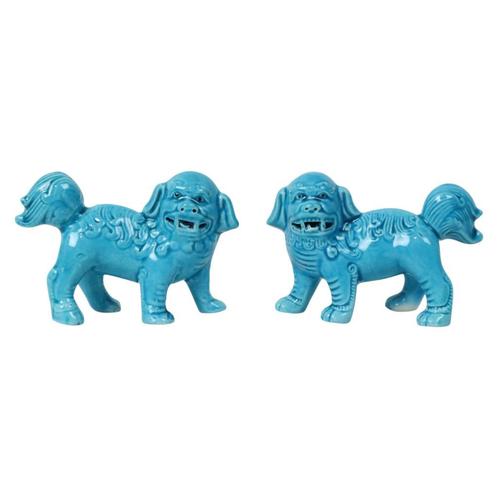 Koppel Blauwe Foo Dog Beeldjes Tempelleeuw Chinees Porselein, Verzamelen, Beelden en Beeldjes, Gebruikt, Fantasy, Ophalen of Verzenden