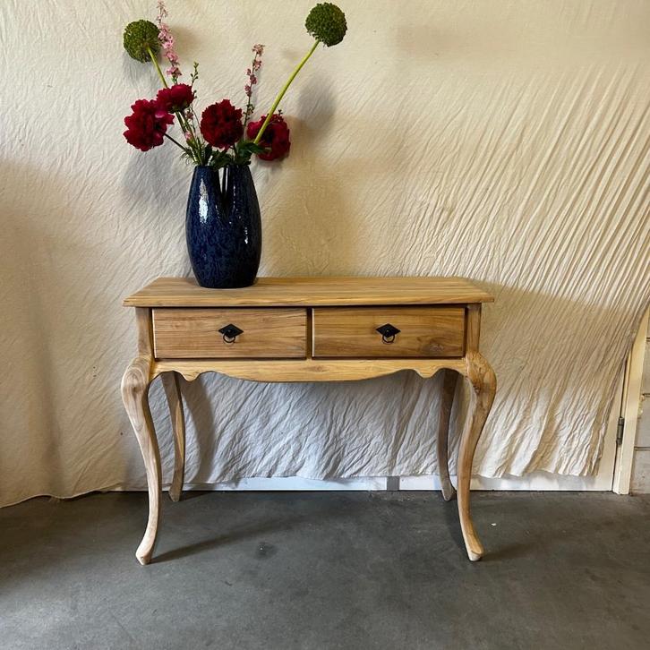 Sidetable - 2 lades - 100 x 40 cm - massief Teak - TTM Wonen, Huis en Inrichting, Tafels | Sidetables, Nieuw, 25 tot 50 cm, 100 tot 150 cm